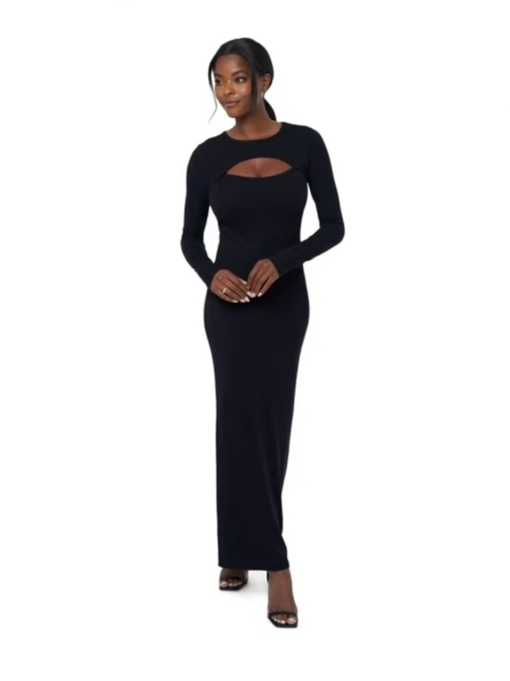 Elegant Black Long-Sleeve Maxi Dress with Front Cutout